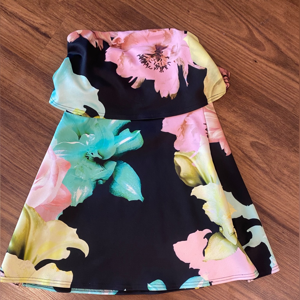 Strapless black floral mini dress